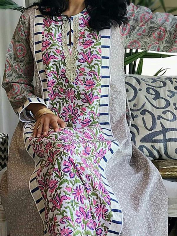 Printed Vintage Casual V-Neck Chang Sleeves Swinging Jalabiya Dress