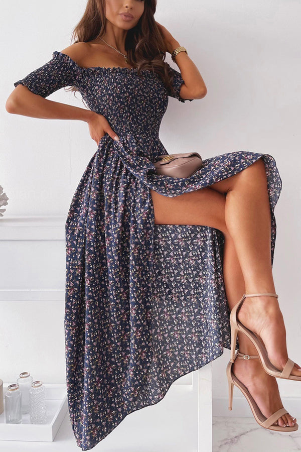 Stolen Moment Floral Smocked Slit Midi Dress