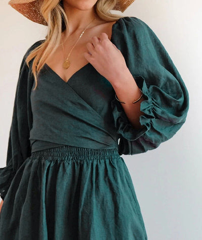 French Ruffled Lantern Sleeves Multi-wear Dress Green