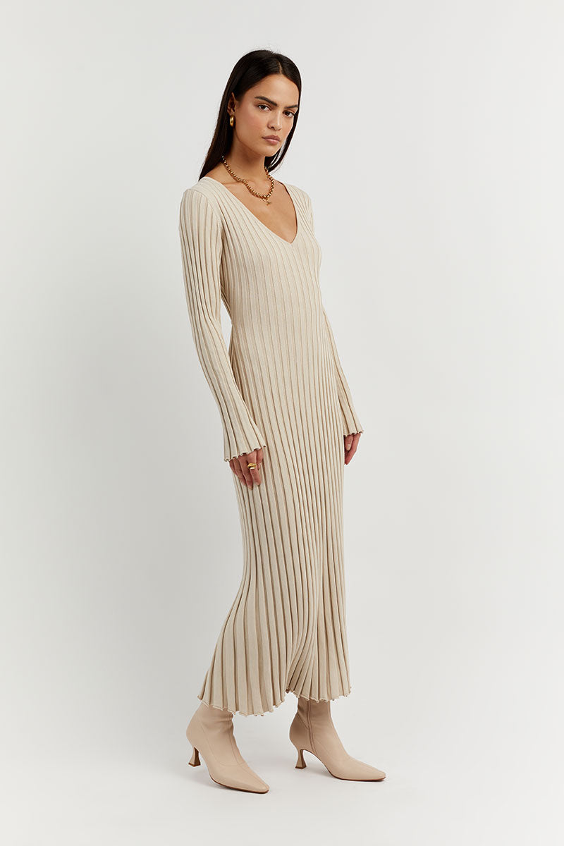 Robe midi en tricot à manches et col en V 