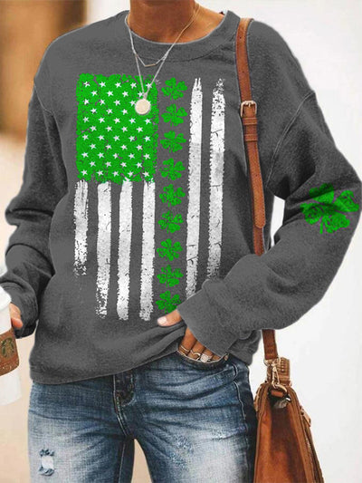 Lässiges Sweatshirt mit St. Patrick's Day-Flagge und Kleeblatt-Aufdruck für Damen 