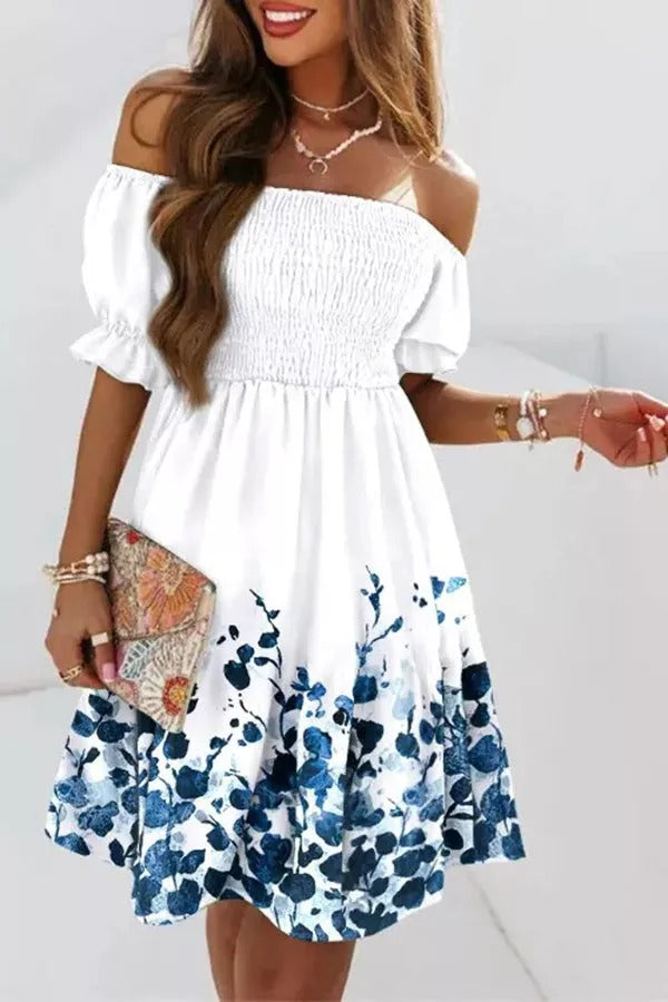 Verna Printed Off Shoulder Shirred Swing Dress