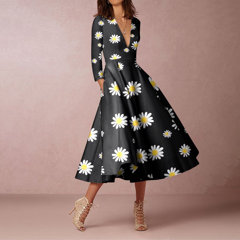 Elegant Daisy Prints Long Sleeve Midi Dress