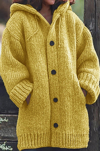 Cardigan décontracté à capuche boutonné avec poche de couleur unie