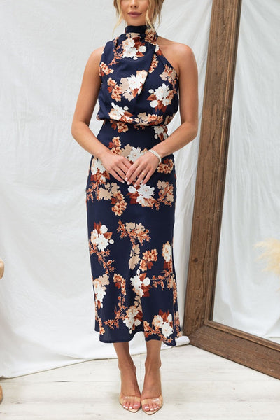 Temperament hanging neck printed satin dress