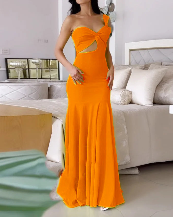 One Shoulder Hollow Solid Color Dress