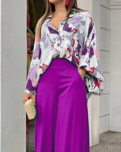 Casual Print Shirt & Wide Leg Pants Two-Piece Set