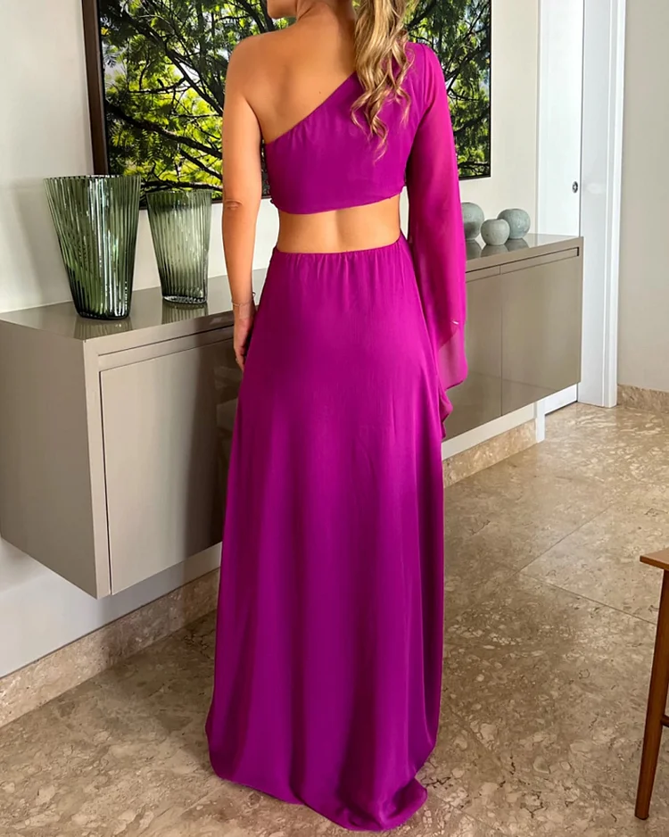 One Shoulder Chiffon Sexy Waist Maxi Dress