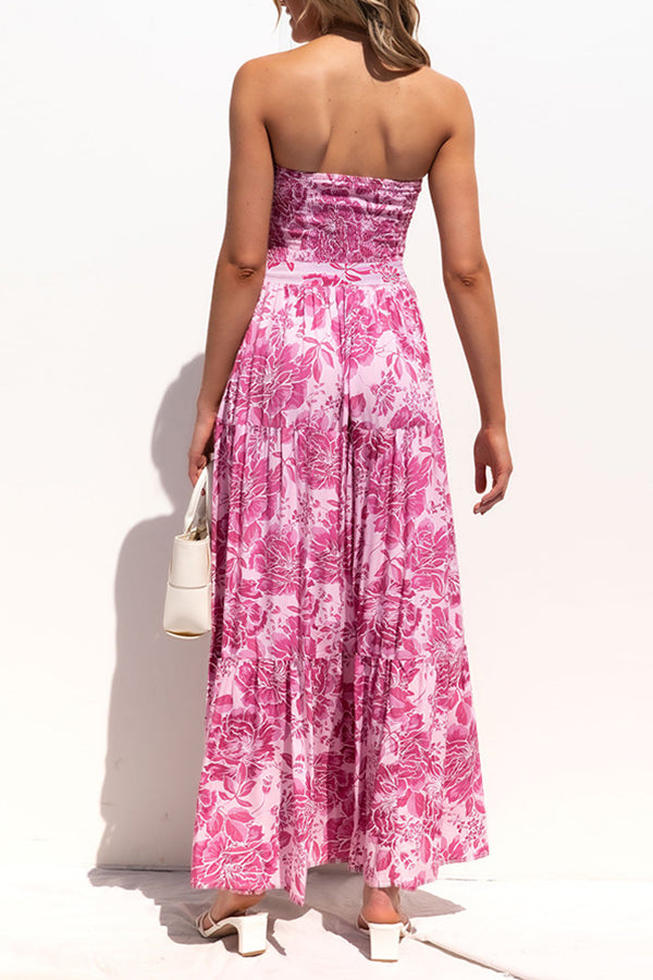 Strapless Backless Lace Up Print Maxi Dress