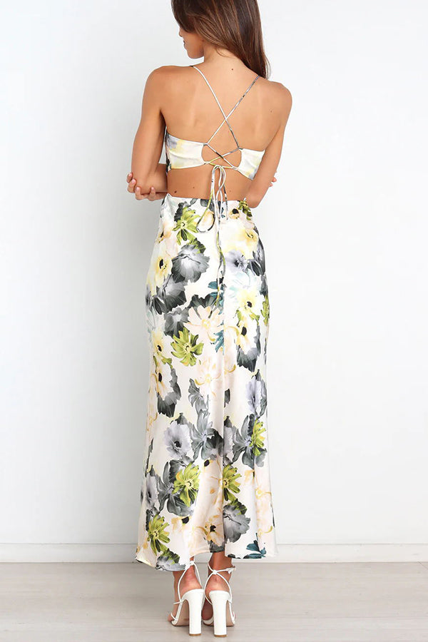 Garden Party Floral Satin Cut Out Back Lace-up Maxi Dress