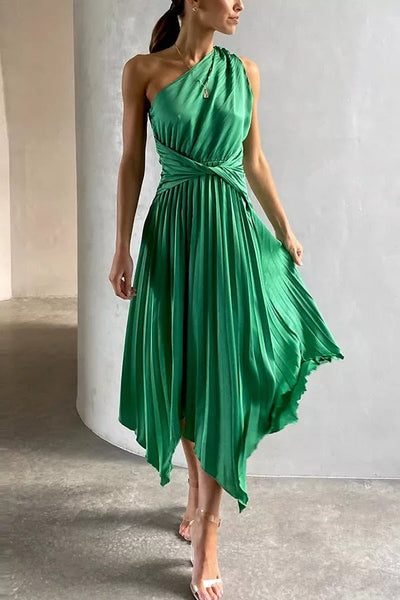 Satin One Shoulder Pleated Midi Dress