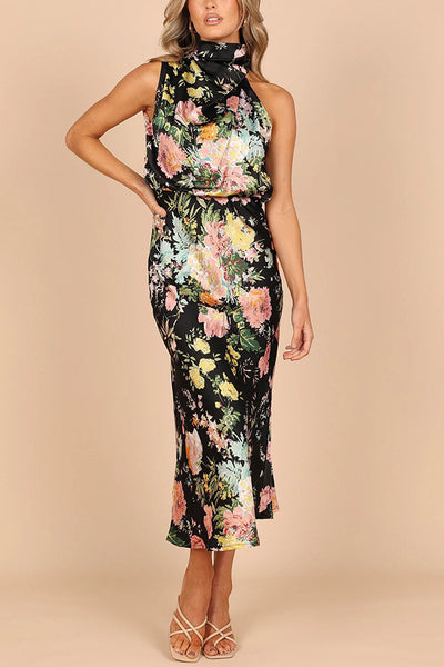 Temperament hanging neck printed satin dress