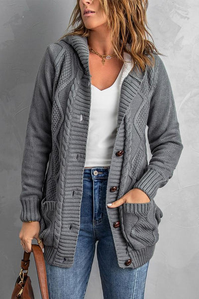 Buttoned Hooded Open Front Knitted Sweater