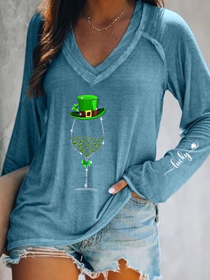 Women's St. Patrick's Day Shiny Wine Glass Lucky Shamrock Long-Sleeve T-Shirt