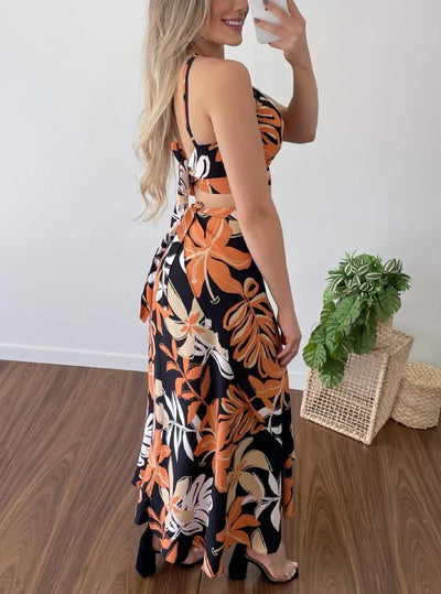 Leaves Print Halter Slim Top & Long Skirt Two Piece Set