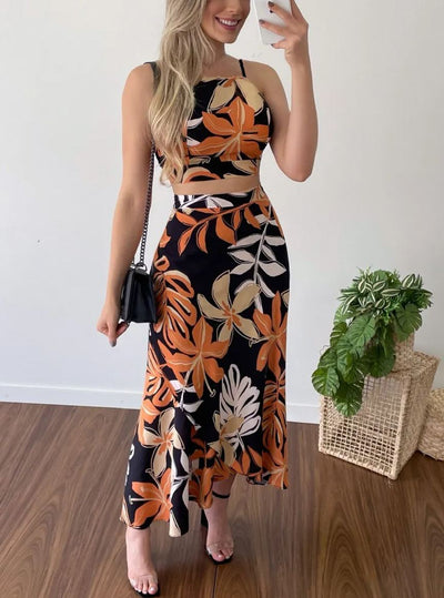 Leaves Print Halter Slim Top & Long Skirt Two Piece Set