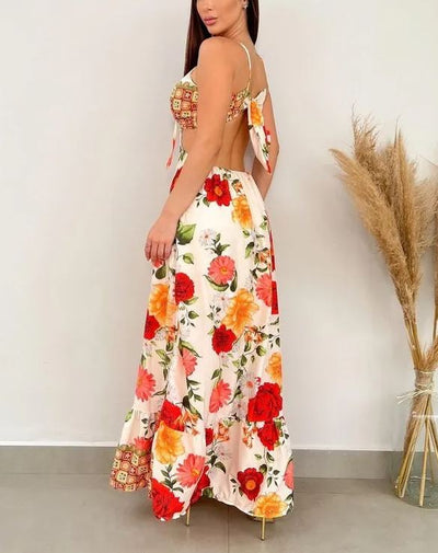 MONET – Blooming Rose – Maxikleid mit Cut-outs und Bindeband hinten 