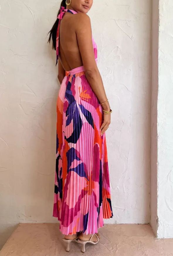 Pleated Halter Midi Dress In Pink