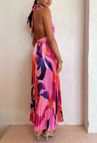 Robe midi plissée dos nu rose 