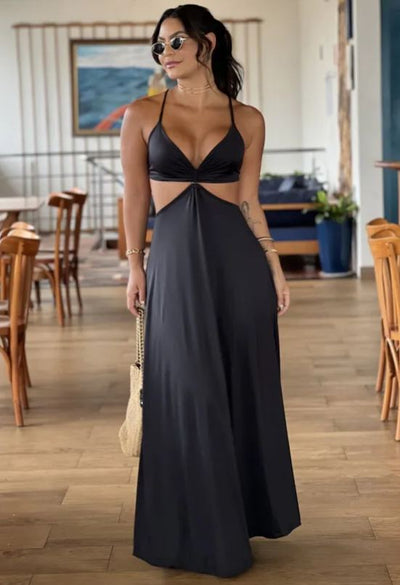 Lace Up Backless Cut-Out Vacation Maxi Slip Dress