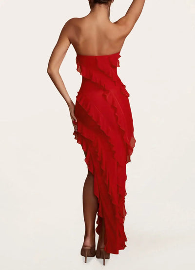 Robe longue rouge sans bretelles à volants, tenue de soirée 