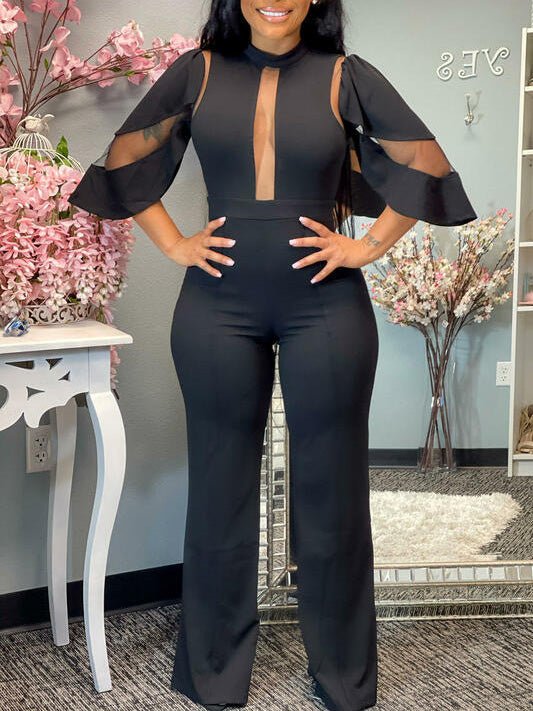 Solid Mesh Panel Irregular Sleeve Jumpsuit