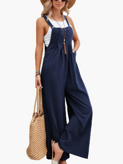 Solid Pocket Wide Leg Casual Jumpsuit