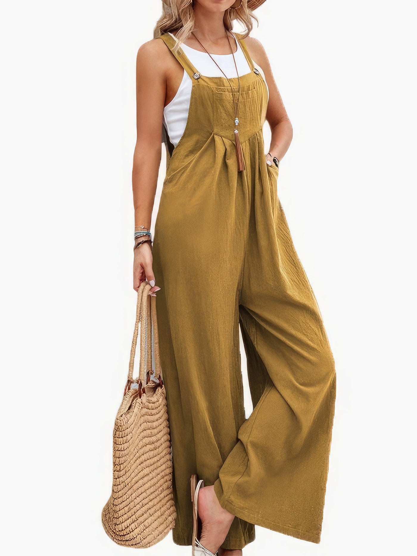 Lässiger Jumpsuit mit einfarbiger Tasche und weitem Bein