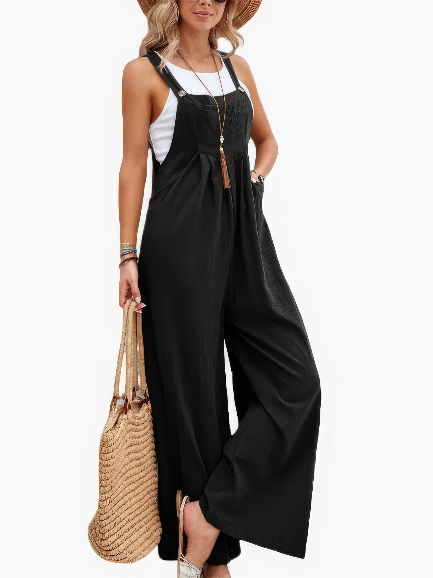 Lässiger Jumpsuit mit einfarbiger Tasche und weitem Bein